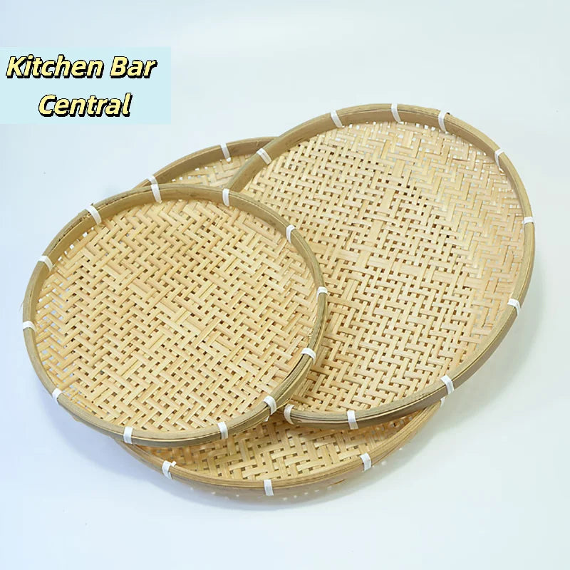 【1PC Round Bamboo Woven Fruit Basket Tray Flat Wicker Food Storage Shallow Tray Kitchen Decor Serving Tray】