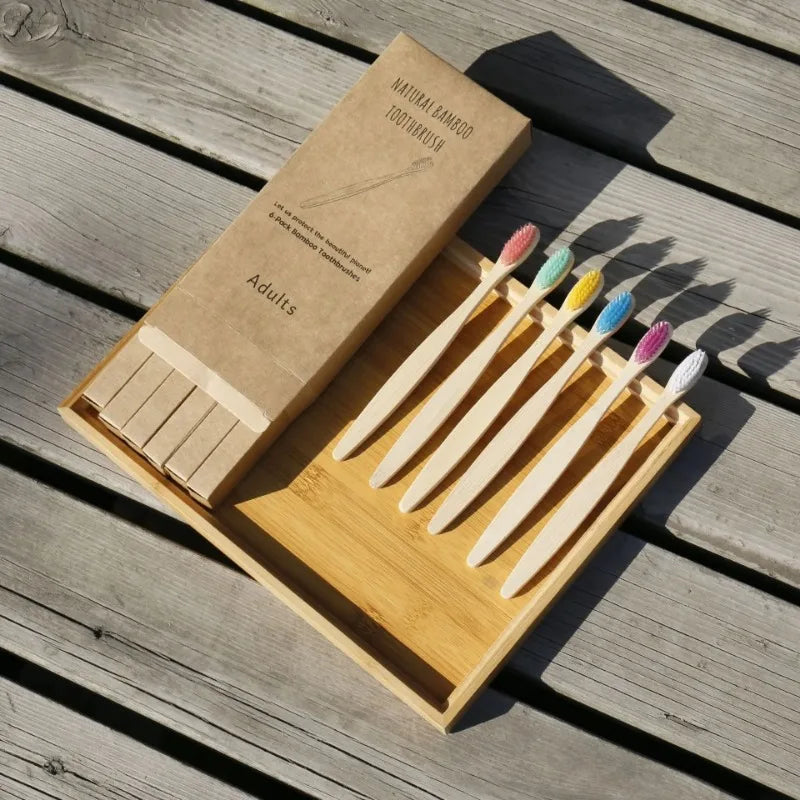 10PCS Mixed Color Bamboo Toothbrush Eco Friendly Wooden Tooth Brush Soft Bristle Tip Charcoal Adults Oral Care Toothbrush