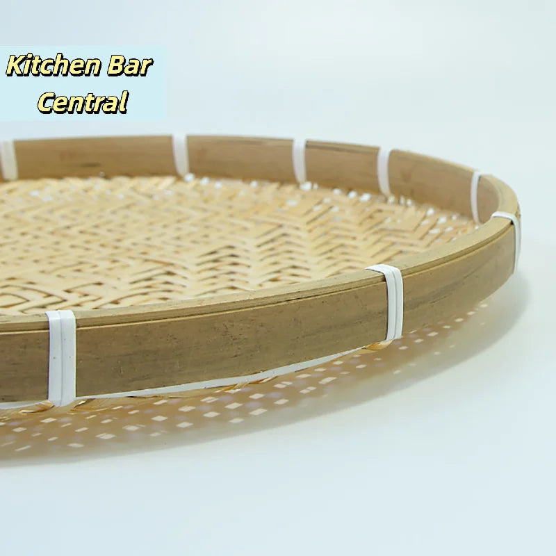 【1PC Round Bamboo Woven Fruit Basket Tray Flat Wicker Food Storage Shallow Tray Kitchen Decor Serving Tray】