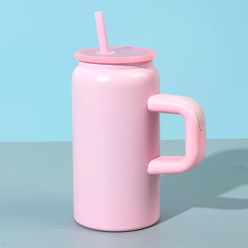 16ozMini Mason Insulated Cup with HandleStainless Steel Straw Insulated Cup Fashionable Couple Water Cup High Appearance Quality