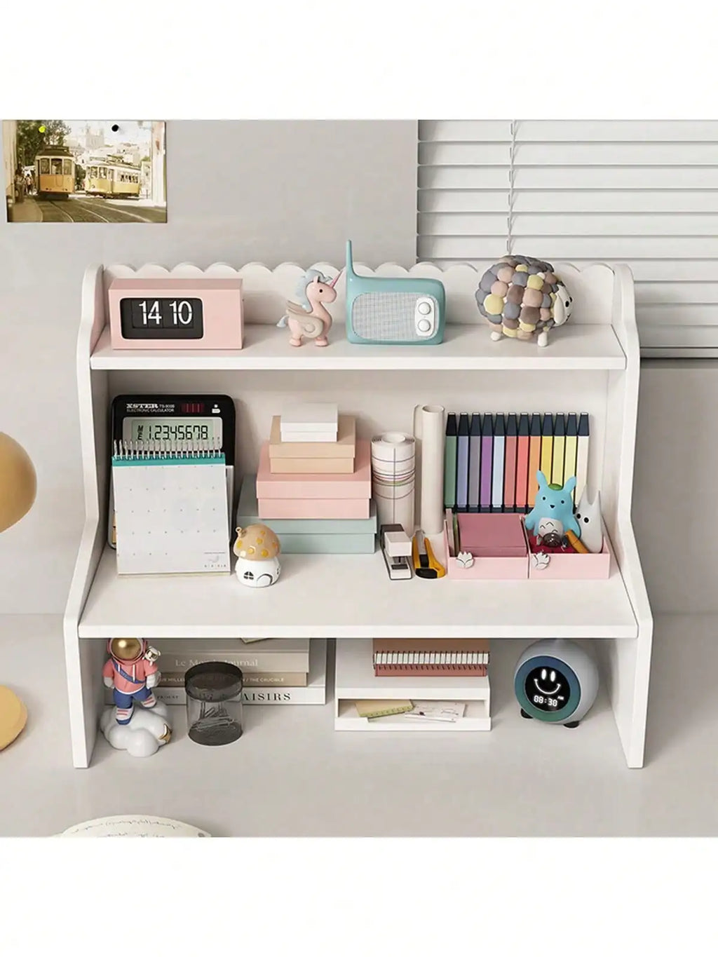 Multi Compartment White Desktop Storage Organizer, Multi-Layer Large Capacity Desk Caddy Shelf, Partition Stationery Holder, Space Saving Tabletop Display Rack Notebooks Cosmetics, Easy Assembly Desk Storage Unit For Home Off