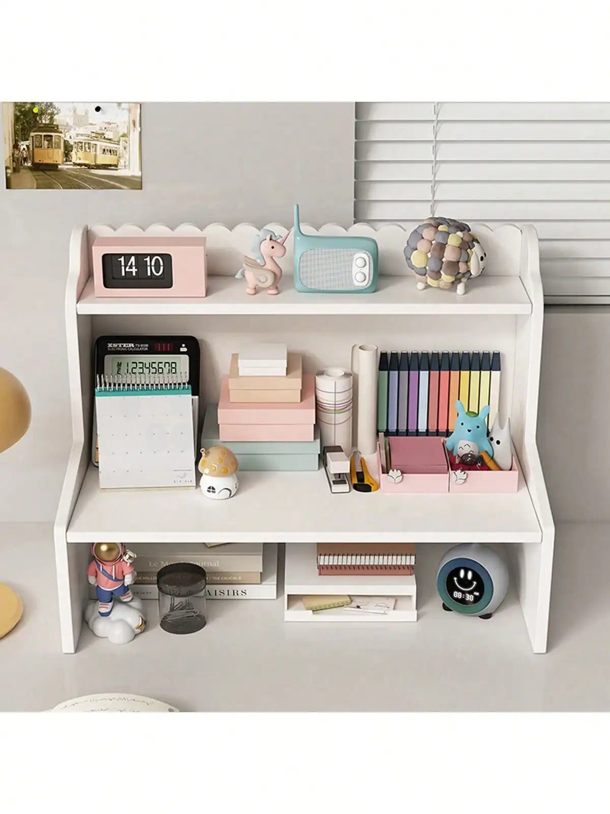 Multi Compartment White Desktop Storage Organizer, Multi-Layer Large Capacity Desk Caddy Shelf, Partition Stationery Holder, Space Saving Tabletop Display Rack Notebooks Cosmetics, Easy Assembly Desk Storage Unit For Home Off