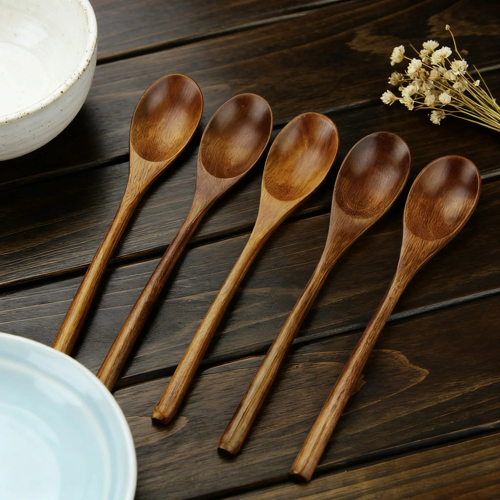 5 Pieces Wooden Spoon Soup Spoon and Fork Tableware Natural Ellipse Ladle Spoon Set Eco Friendly Products Spoons for Cooking