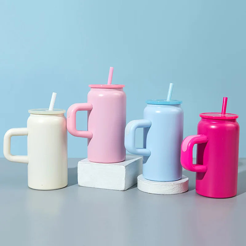16ozMini Mason Insulated Cup with HandleStainless Steel Straw Insulated Cup Fashionable Couple Water Cup High Appearance Quality