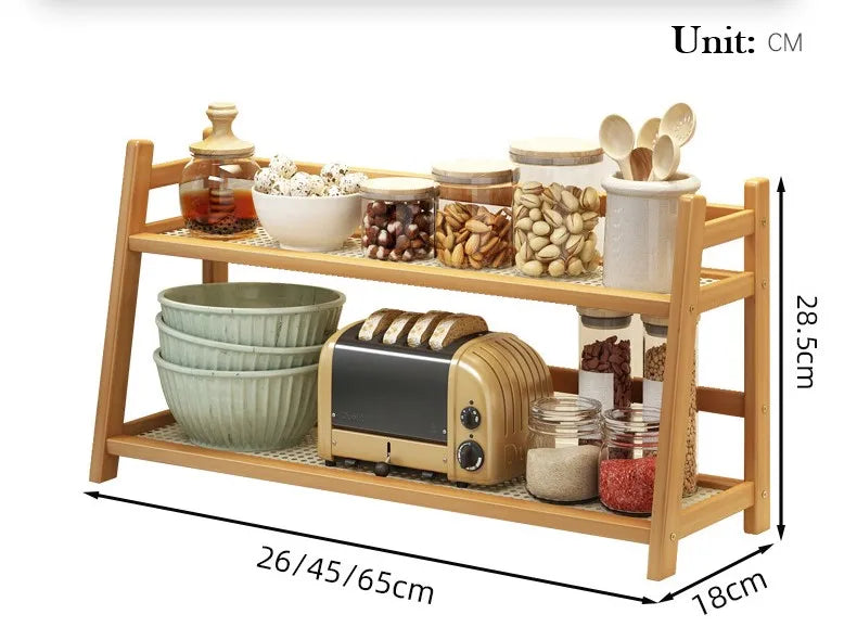 2 Layer Spice Caddy Shelf Bamboo Kitchen Storage Rack Desktop Cabinet Organizer Display Rack Coffee Bar Counter Shelf Cup Holder
