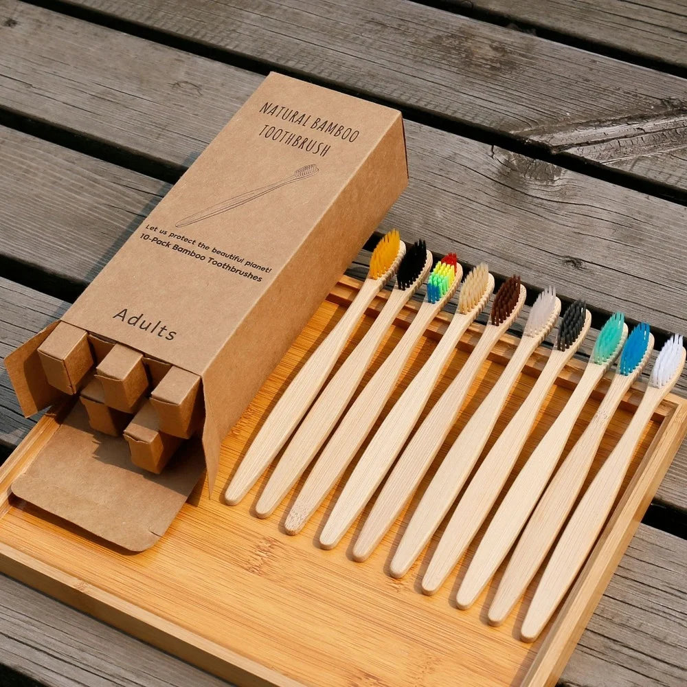 10PCS Mixed Color Bamboo Toothbrush Eco Friendly Wooden Tooth Brush Soft Bristle Tip Charcoal Adults Oral Care Toothbrush
