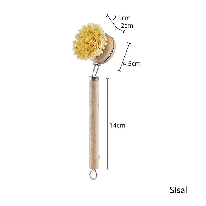 Eco-Friendly Wooden Long Handle Cleaning Brush - Detachable Natural Bristle Head for Pots Bowls, Non-Scratch Kitchen Tool