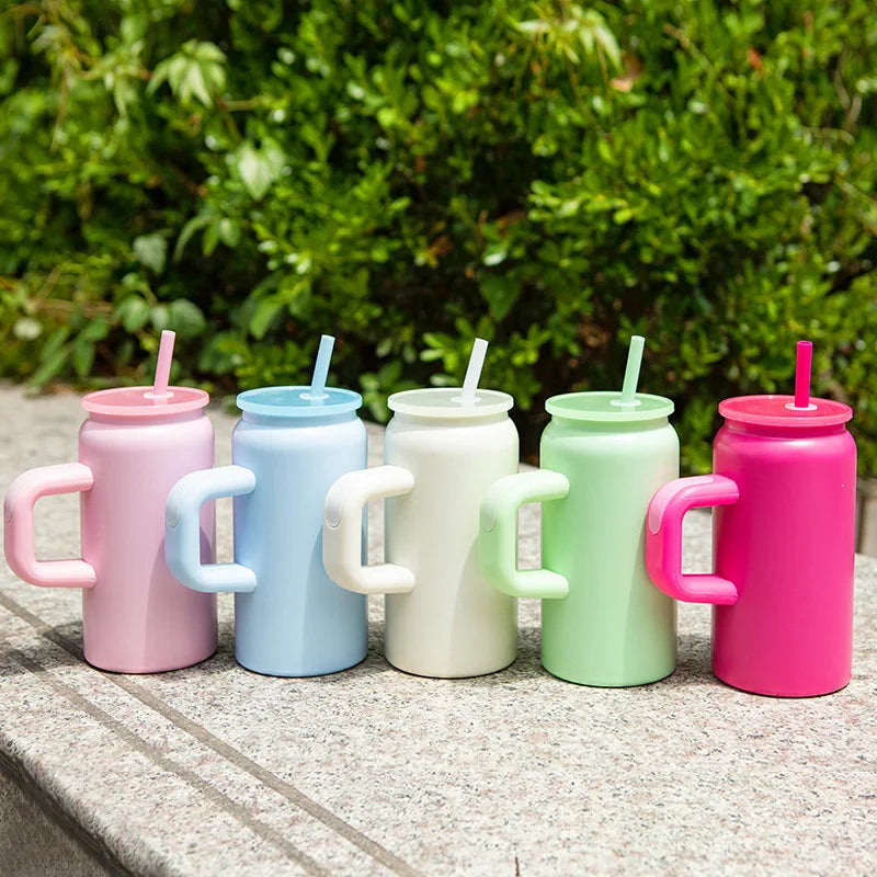 16ozMini Mason Insulated Cup with HandleStainless Steel Straw Insulated Cup Fashionable Couple Water Cup High Appearance Quality