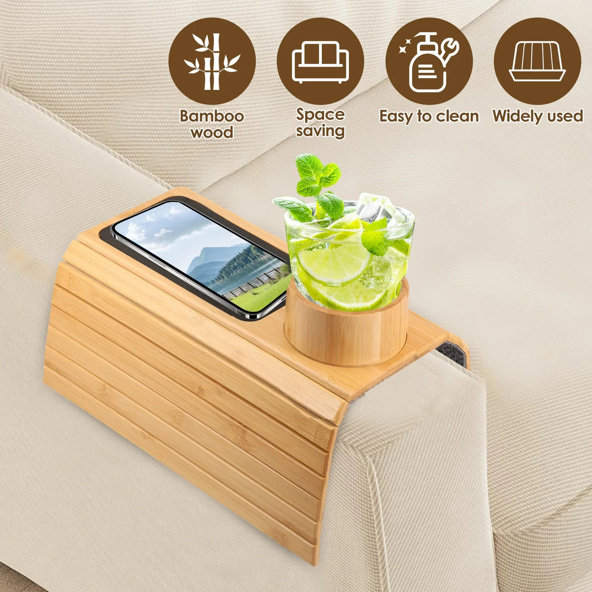3 in 1 Couch Cup Holder Natural Bamboo Sofa Armrest Tray Foldable Beverage Cups Remote Control Phone Holder Multifunctional