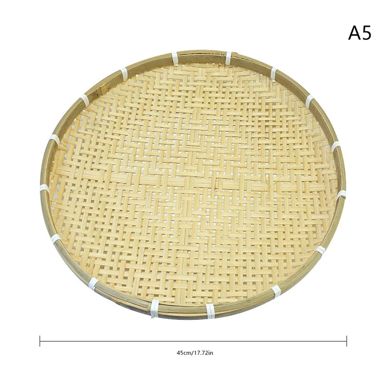 【1PC Round Bamboo Woven Fruit Basket Tray Flat Wicker Food Storage Shallow Tray Kitchen Decor Serving Tray】
