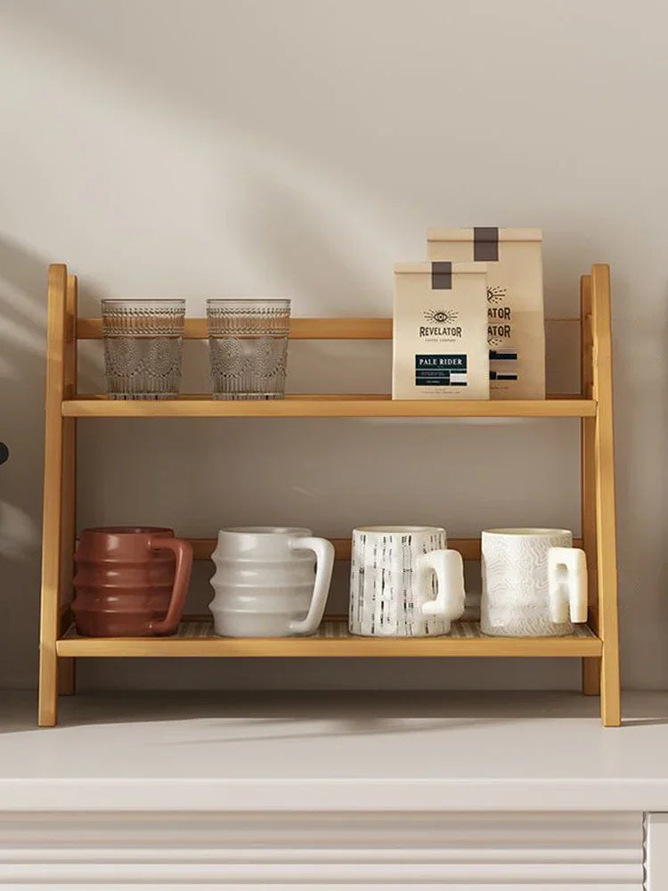Dual Layer Bamboo Kitchen Storage Shelf Desktop Spice Cup Seasoning Coffee Bar Organizer Rack