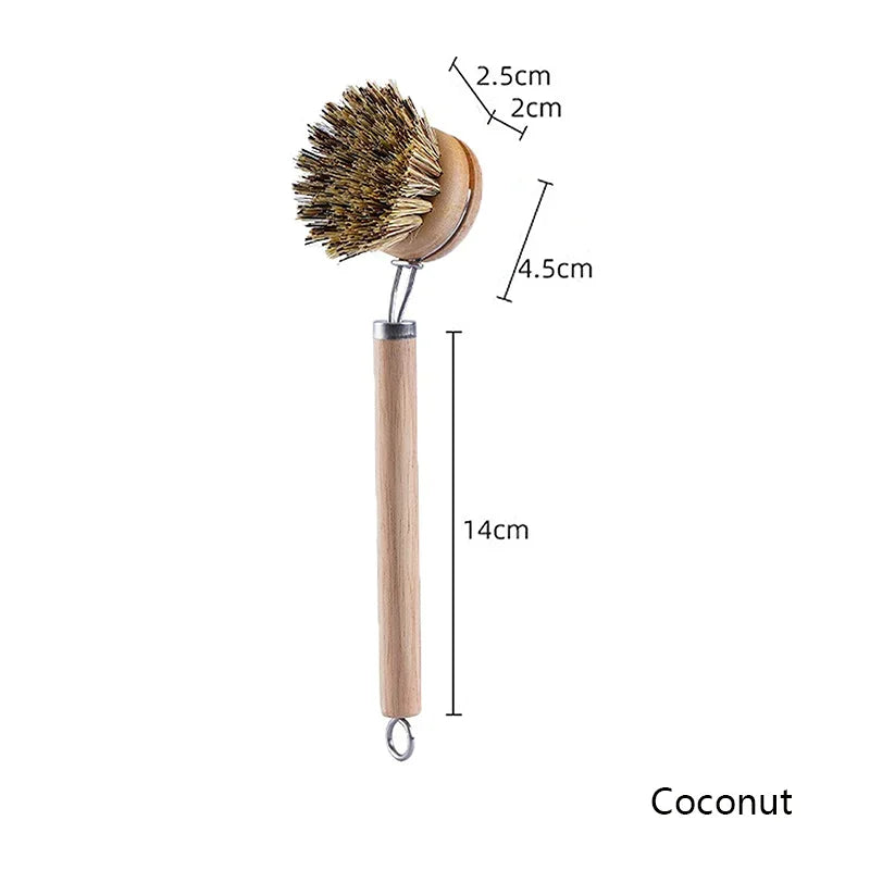 Eco-Friendly Wooden Long Handle Cleaning Brush - Detachable Natural Bristle Head for Pots Bowls, Non-Scratch Kitchen Tool