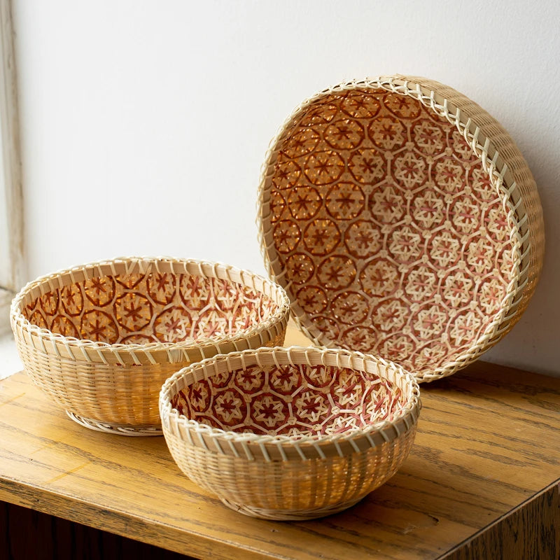 Kitchen Home Use Round Hand Woven Bamboo Storage Basket Rustic Foldable Basket for Fruit Snack Vegetable & Dirty Clothes Frame