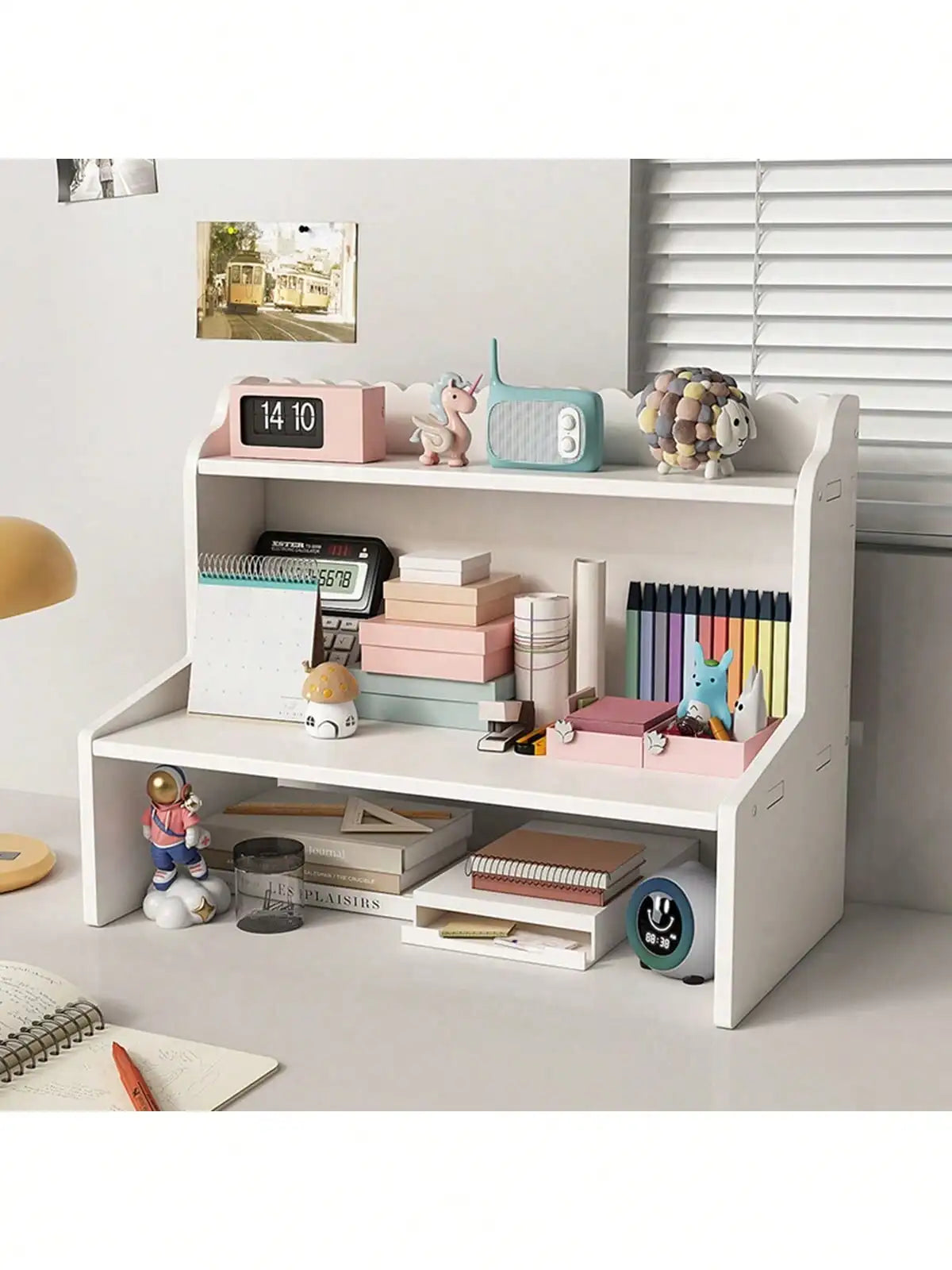 Multi Compartment White Desktop Storage Organizer, Multi-Layer Large Capacity Desk Caddy Shelf, Partition Stationery Holder, Space Saving Tabletop Display Rack Notebooks Cosmetics, Easy Assembly Desk Storage Unit For Home Off