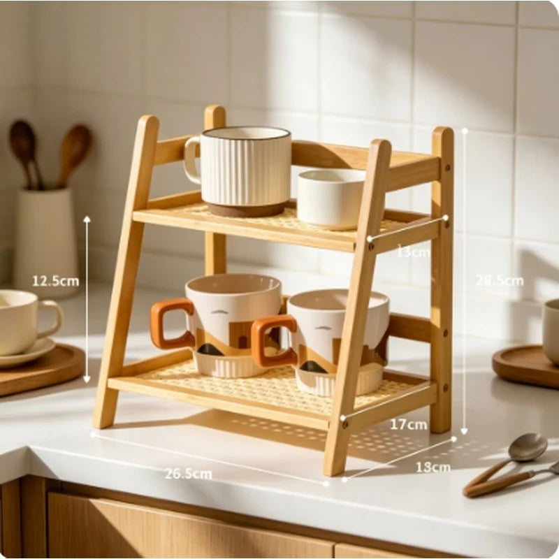 Dual Layer Bamboo Kitchen Storage Shelf Desktop Spice Cup Seasoning Coffee Bar Organizer Rack