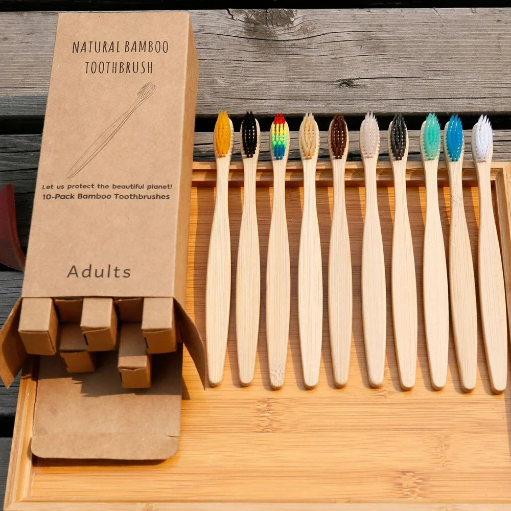 10PCS Mixed Color Bamboo Toothbrush Eco Friendly Wooden Tooth Brush Soft Bristle Tip Charcoal Adults Oral Care Toothbrush