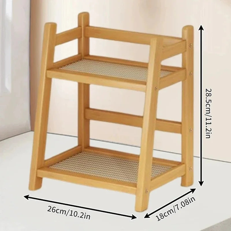 Dual Layer Bamboo Kitchen Storage Shelf Desktop Spice Cup Seasoning Coffee Bar Organizer Rack