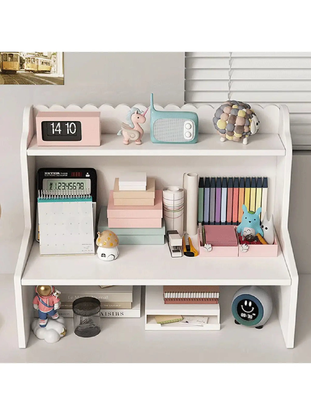 Multi Compartment White Desktop Storage Organizer, Multi-Layer Large Capacity Desk Caddy Shelf, Partition Stationery Holder, Space Saving Tabletop Display Rack Notebooks Cosmetics, Easy Assembly Desk Storage Unit For Home Off