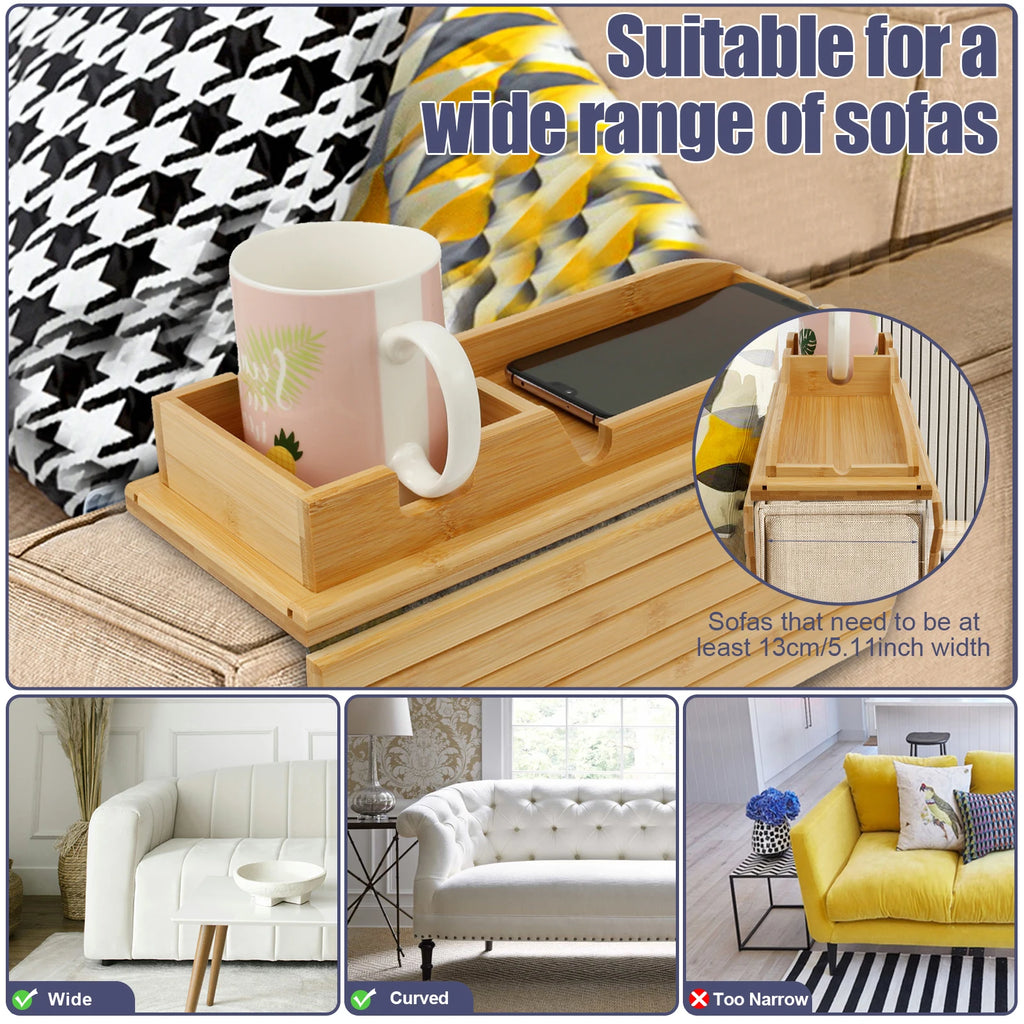 Couch Cup Holder Bamboo Wood Sofa Armrest Tray Foldable Sofa Cup Holder Anti-Slip Couch Arm Cup Holder Sofa Side Storage Tray