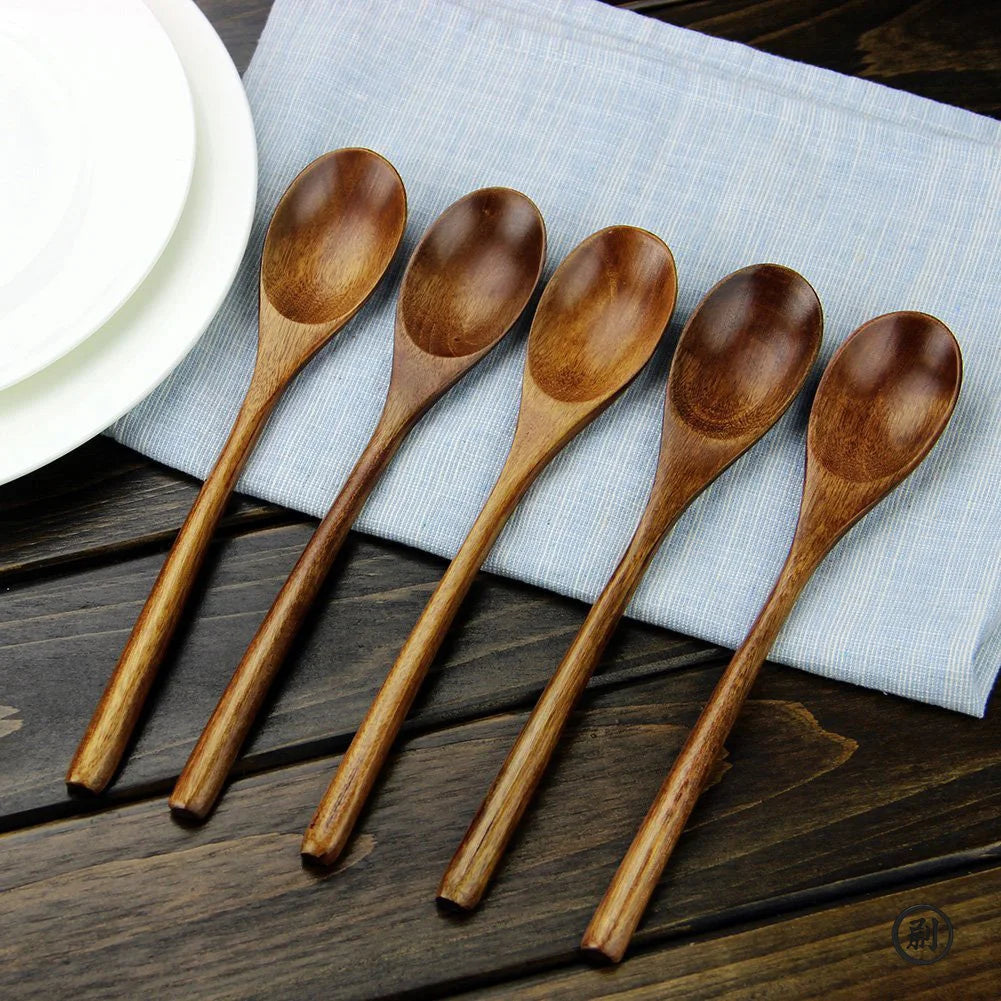 5 Pieces Wooden Spoon Soup Spoon and Fork Tableware Natural Ellipse Ladle Spoon Set Eco Friendly Products Spoons for Cooking