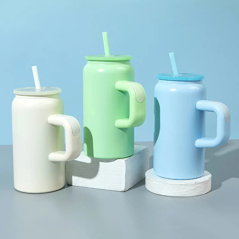 16ozMini Mason Insulated Cup with HandleStainless Steel Straw Insulated Cup Fashionable Couple Water Cup High Appearance Quality