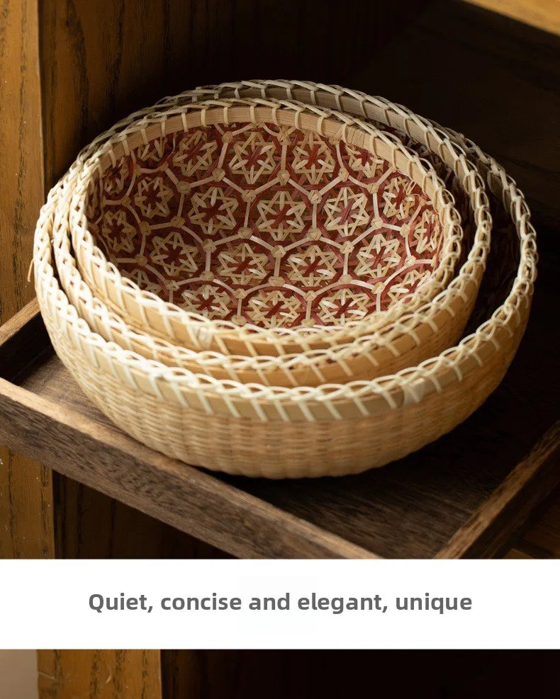 Kitchen Home Use Round Hand Woven Bamboo Storage Basket Rustic Foldable Basket for Fruit Snack Vegetable & Dirty Clothes Frame