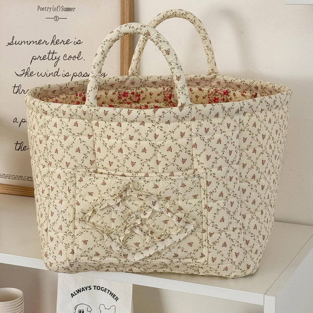 Airfriend Vintage Floral Organizers Basket With Handle Portable Home Room Quilted Foldable Storage Basket For Snack Clothes Toys