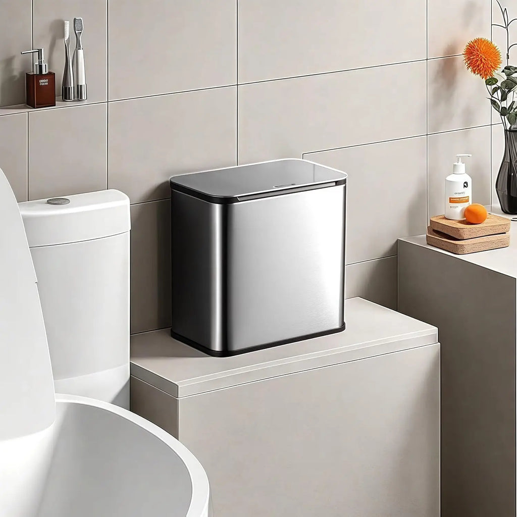 5L Space-Saving Quiet-Close Trash Can with Lid Stainless Steel  Eco-Friendly Sealed Bin For Kitchen & Office Hanging Trash Can