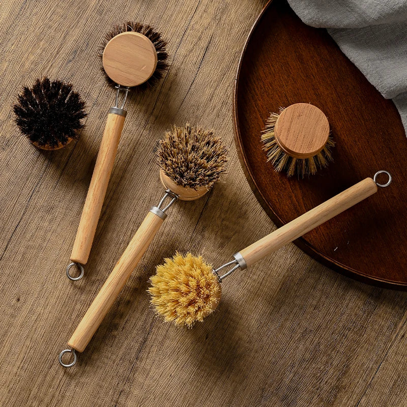 Eco-Friendly Wooden Long Handle Cleaning Brush - Detachable Natural Bristle Head for Pots Bowls, Non-Scratch Kitchen Tool