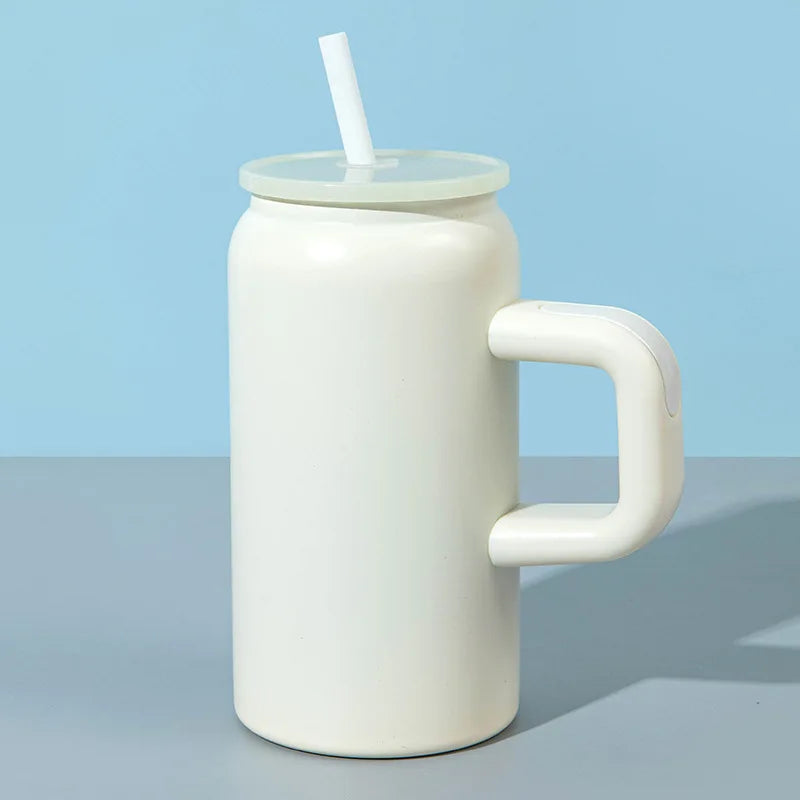 16ozMini Mason Insulated Cup with HandleStainless Steel Straw Insulated Cup Fashionable Couple Water Cup High Appearance Quality