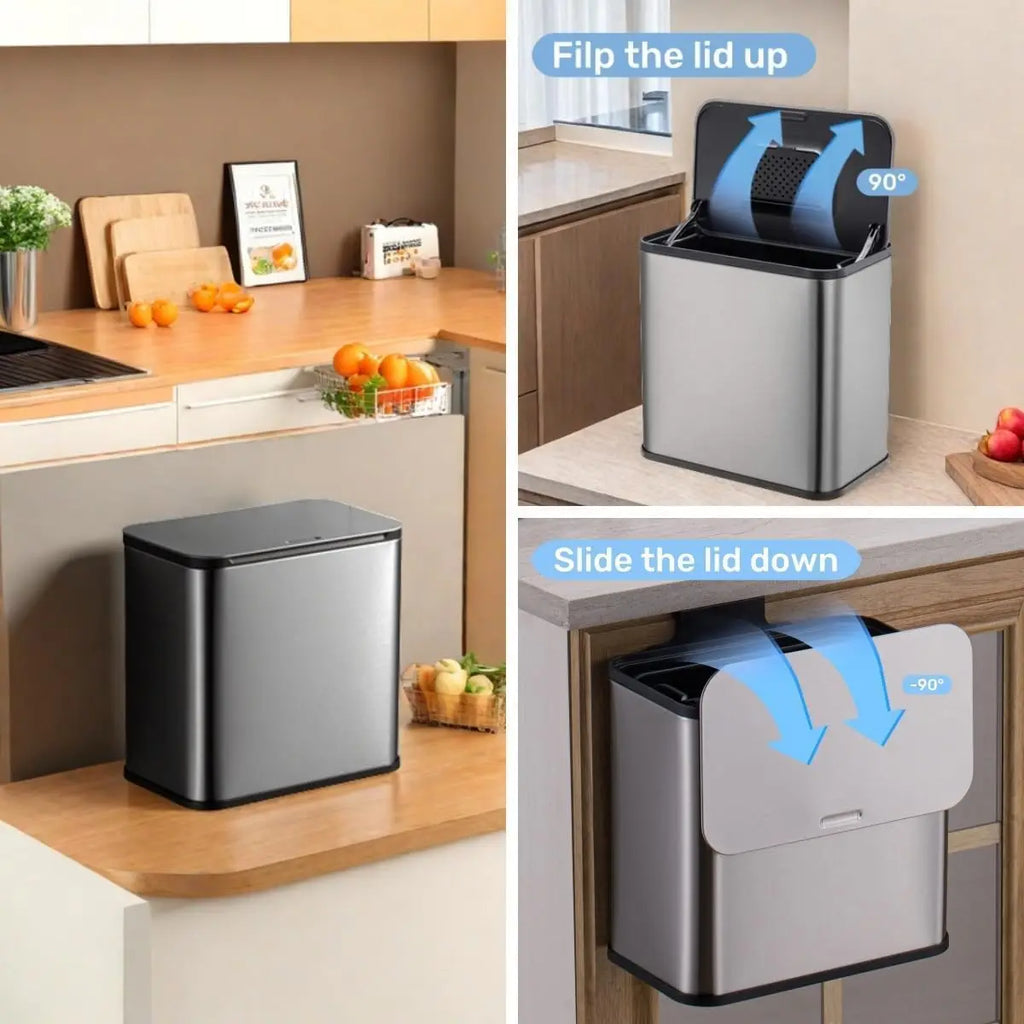 5L Space-Saving Quiet-Close Trash Can with Lid Stainless Steel  Eco-Friendly Sealed Bin For Kitchen & Office Hanging Trash Can
