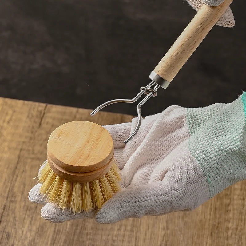 Eco-Friendly Wooden Long Handle Cleaning Brush - Detachable Natural Bristle Head for Pots Bowls, Non-Scratch Kitchen Tool