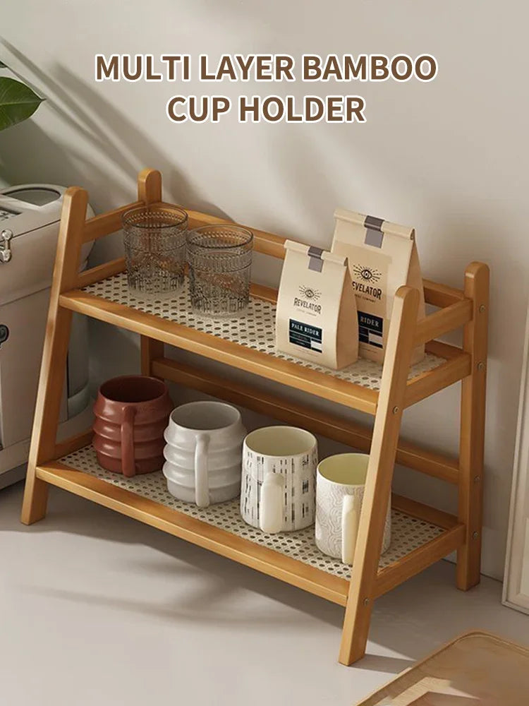 Dual Layer Bamboo Kitchen Storage Shelf Desktop Spice Cup Seasoning Coffee Bar Organizer Rack
