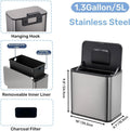 5L Space-Saving Quiet-Close Trash Can with Lid Stainless Steel  Eco-Friendly Sealed Bin For Kitchen & Office Hanging Trash Can
