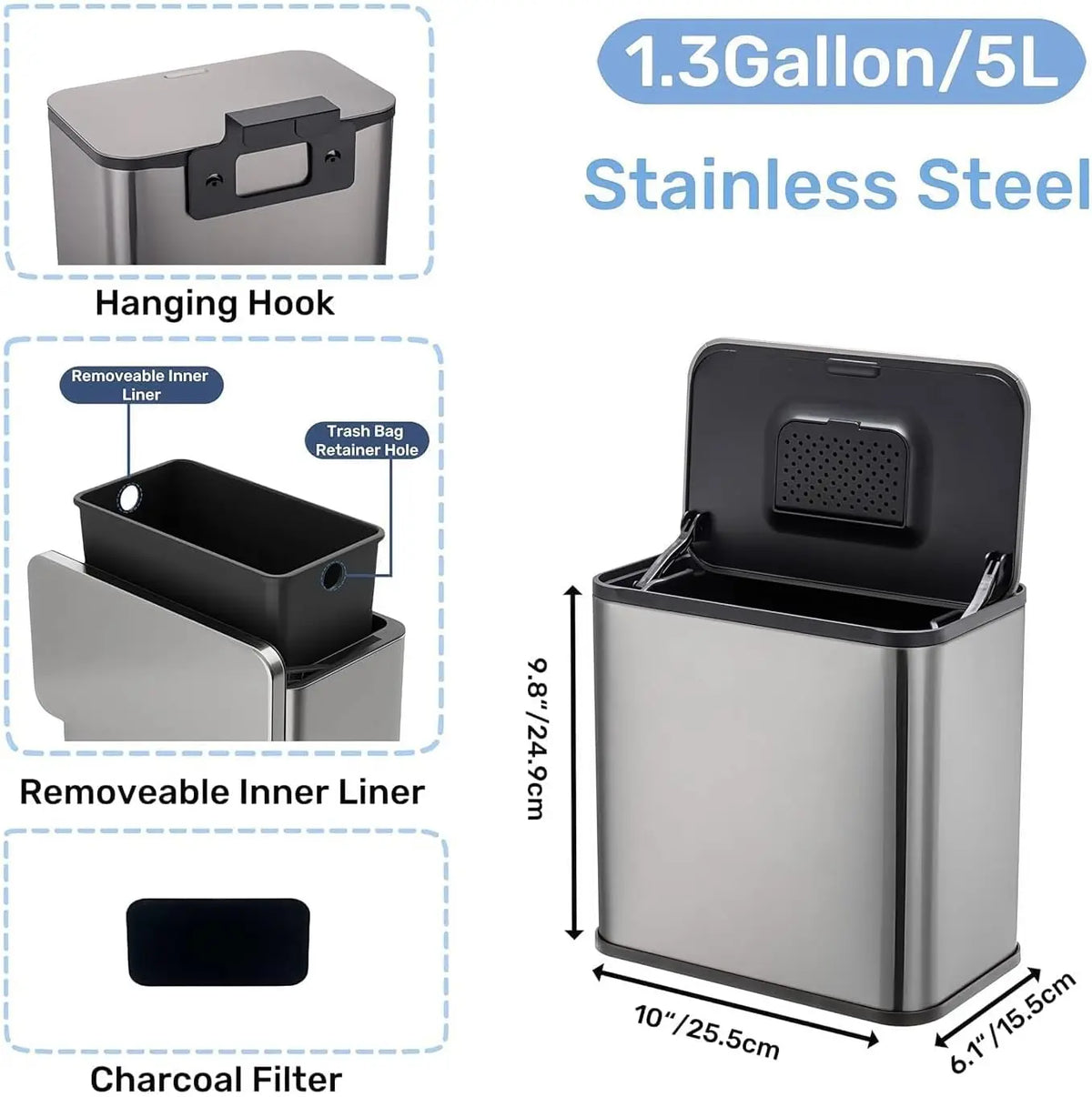 5L Space-Saving Quiet-Close Trash Can with Lid Stainless Steel  Eco-Friendly Sealed Bin For Kitchen & Office Hanging Trash Can