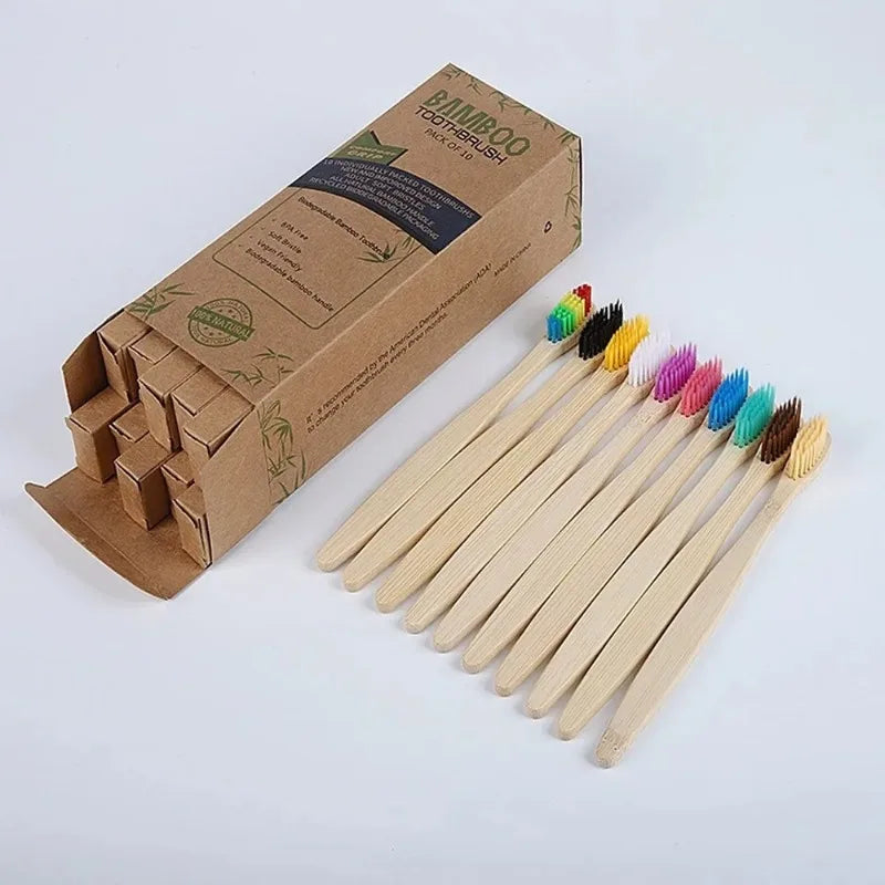 10PCS Mixed Color Bamboo Toothbrush Eco Friendly Wooden Tooth Brush Soft Bristle Tip Charcoal Adults Oral Care Toothbrush