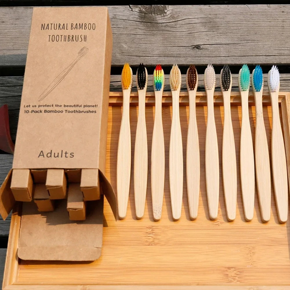 10PCS Mixed Color Bamboo Toothbrush Eco Friendly Wooden Tooth Brush Soft Bristle Tip Charcoal Adults Oral Care Toothbrush