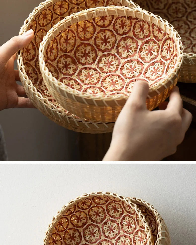 Kitchen Home Use Round Hand Woven Bamboo Storage Basket Rustic Foldable Basket for Fruit Snack Vegetable & Dirty Clothes Frame