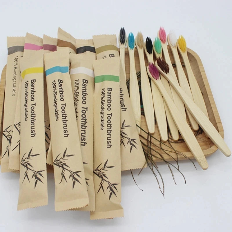 10Pcs Bamboo Toothbrush Eco Friendly Wooden Tooth Brush Soft Bristle Tip Charcoal Adults Oral Care Toothbrushes Hotel Travel