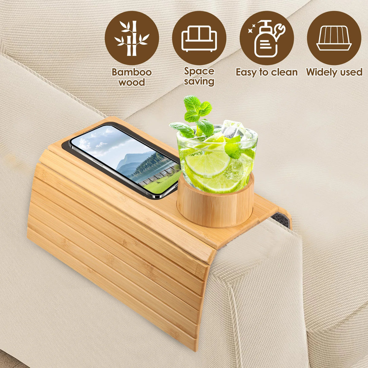 3 in 1 Couch Cup Holder Natural Bamboo Sofa Armrest Tray Foldable Beverage Cups Remote Control Phone Holder Multifunctional