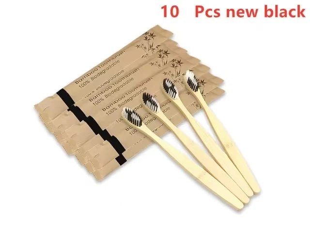 10Pcs Bamboo Toothbrush Eco Friendly Wooden Tooth Brush Soft Bristle Tip Charcoal Adults Oral Care Toothbrushes Hotel Travel