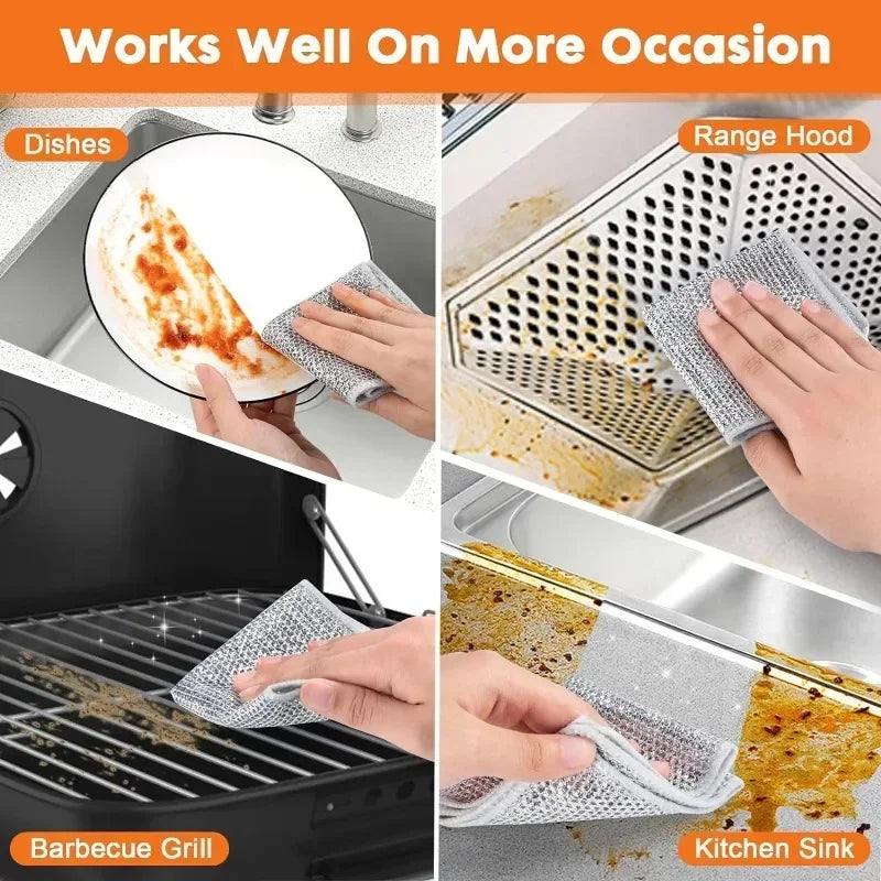 1/50pcs Magic Dishcloth Silver Wire Cleaning Kitchen Cloth Thickened Microfiber Wash Towel Built-in Sponge Steel Wire Ball Rag