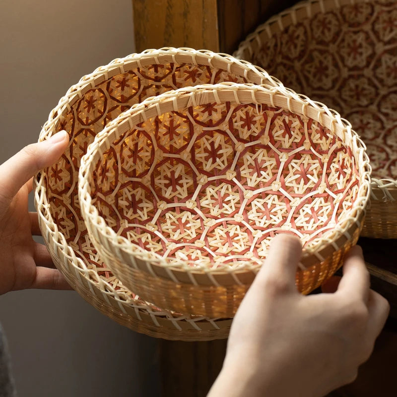 Kitchen Home Use Round Hand Woven Bamboo Storage Basket Rustic Foldable Basket for Fruit Snack Vegetable & Dirty Clothes Frame