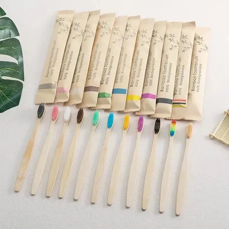 10PCS Mixed Color Bamboo Toothbrush Eco Friendly Wooden Tooth Brush Soft Bristle Tip Charcoal Adults Oral Care Toothbrush