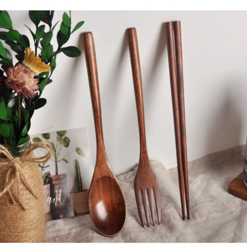5 Pieces Wooden Spoon Soup Spoon and Fork Tableware Natural Ellipse Ladle Spoon Set Eco Friendly Products Spoons for Cooking