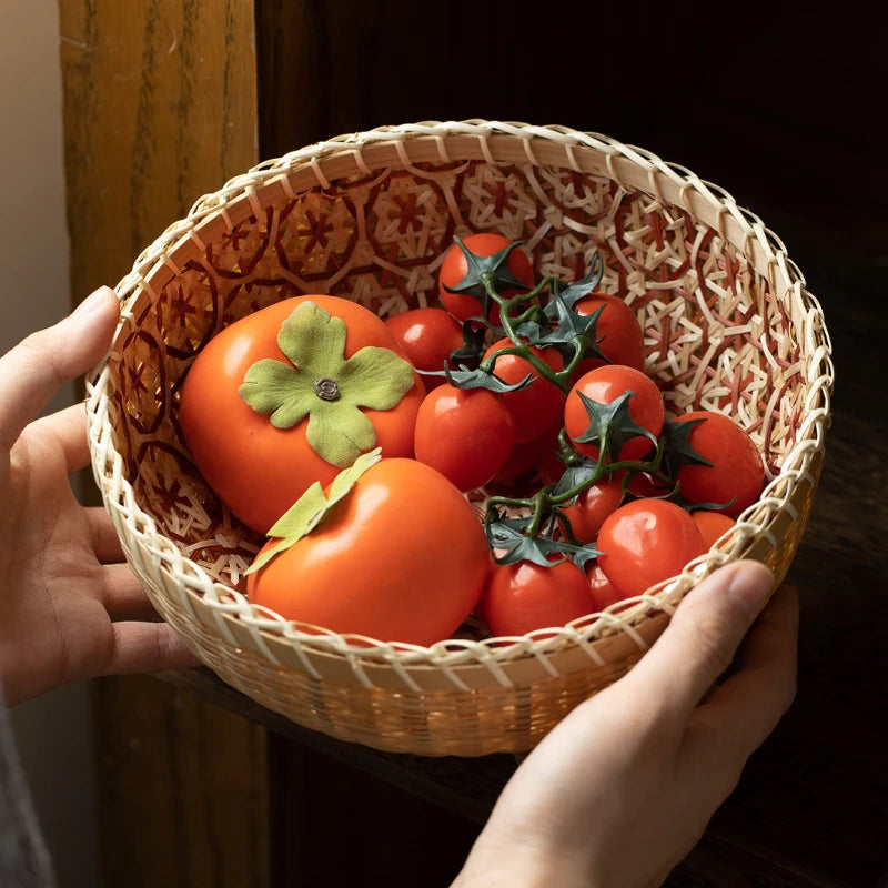 Kitchen Home Use Round Hand Woven Bamboo Storage Basket Rustic Foldable Basket for Fruit Snack Vegetable & Dirty Clothes Frame