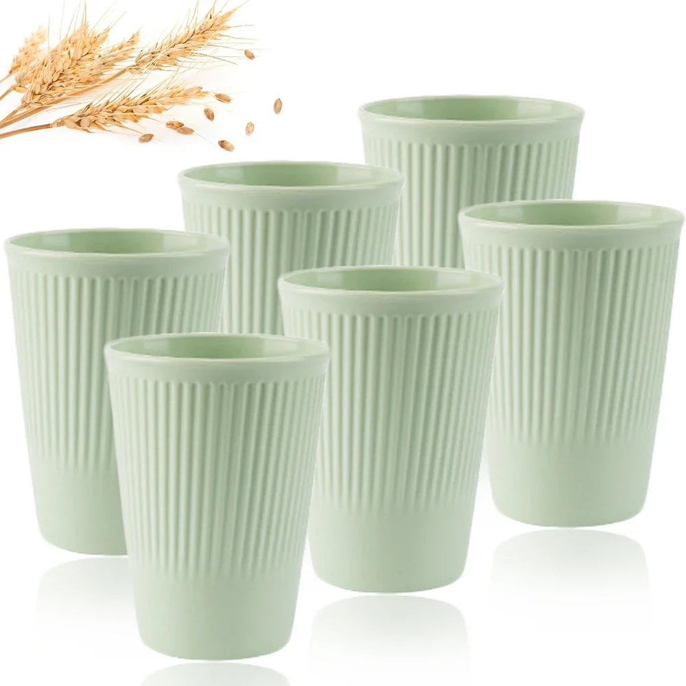 6Pcs Green Washable Wheat Straw Cups Durable Reusable Cups for Water Milk Tea Coffee - Eco-Friendly BPA-Free Dishwasher Safe