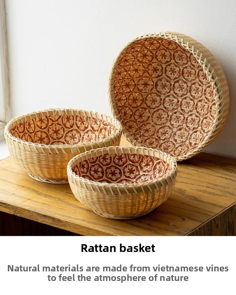 Kitchen Home Use Round Hand Woven Bamboo Storage Basket Rustic Foldable Basket for Fruit Snack Vegetable & Dirty Clothes Frame