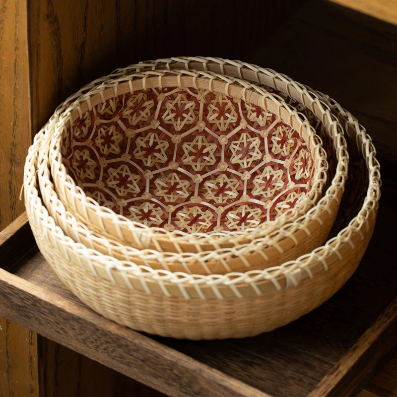 Kitchen Home Use Round Hand Woven Bamboo Storage Basket Rustic Foldable Basket for Fruit Snack Vegetable & Dirty Clothes Frame